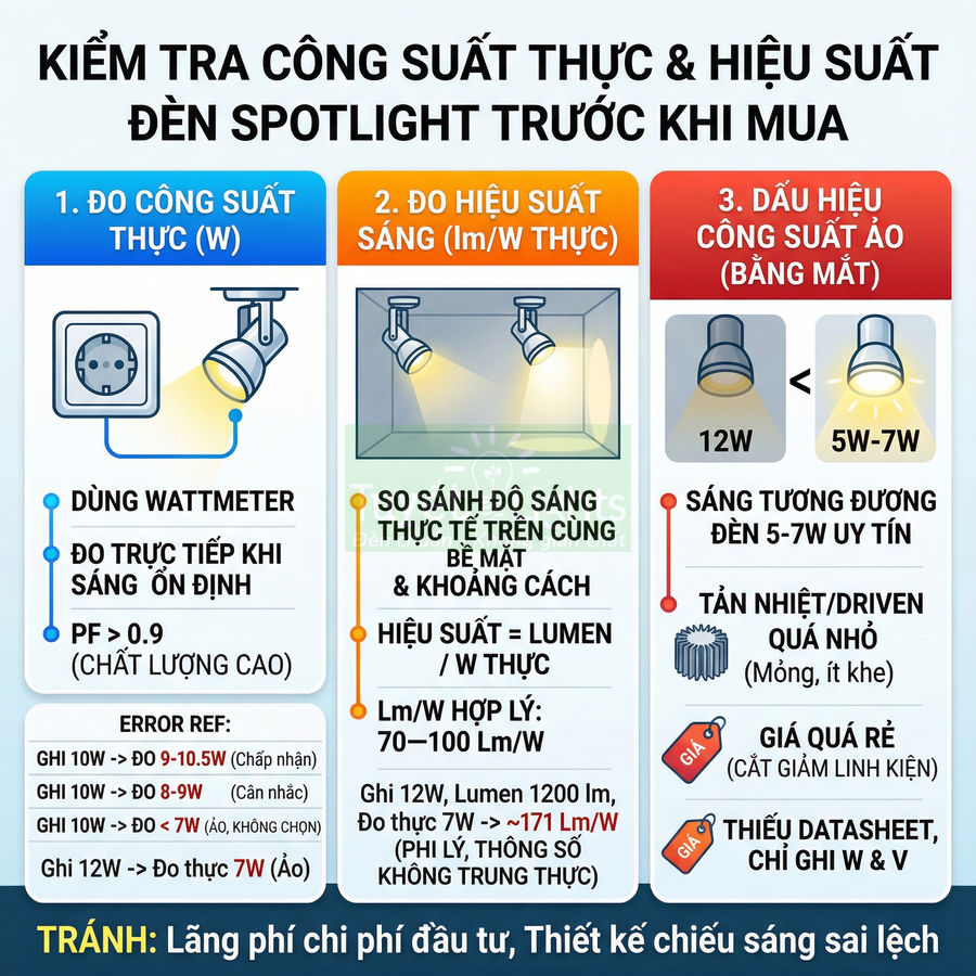 Hướng dẫn kiểm tra công suất thực và hiệu suất đèn spotlight LED trước khi mua, tránh chọn đèn công suất ảo