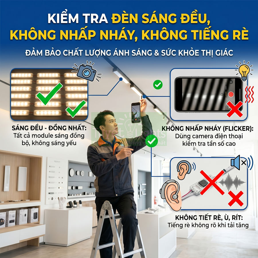 Nhân viên kỹ thuật dùng điện thoại kiểm tra đèn LED trần sáng đều, không nhấp nháy, không phát tiếng rè