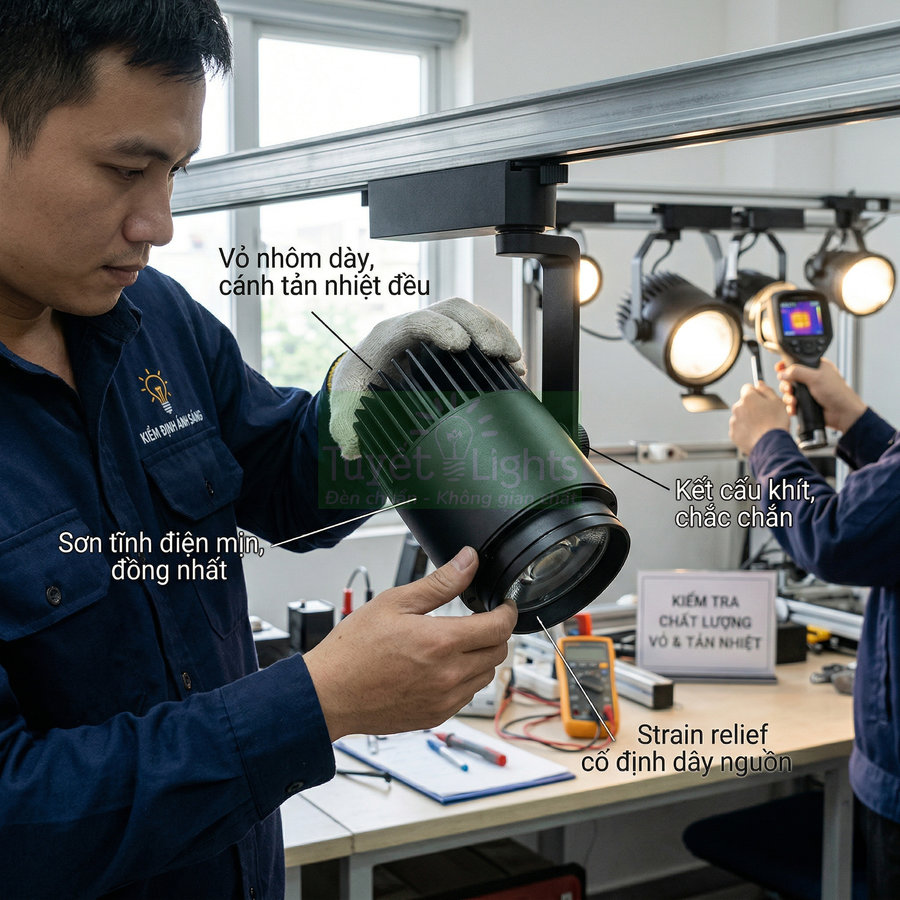Kỹ thuật viên kiểm tra đèn rọi ray nhôm sơn tĩnh điện tại phòng thí nghiệm chiếu sáng