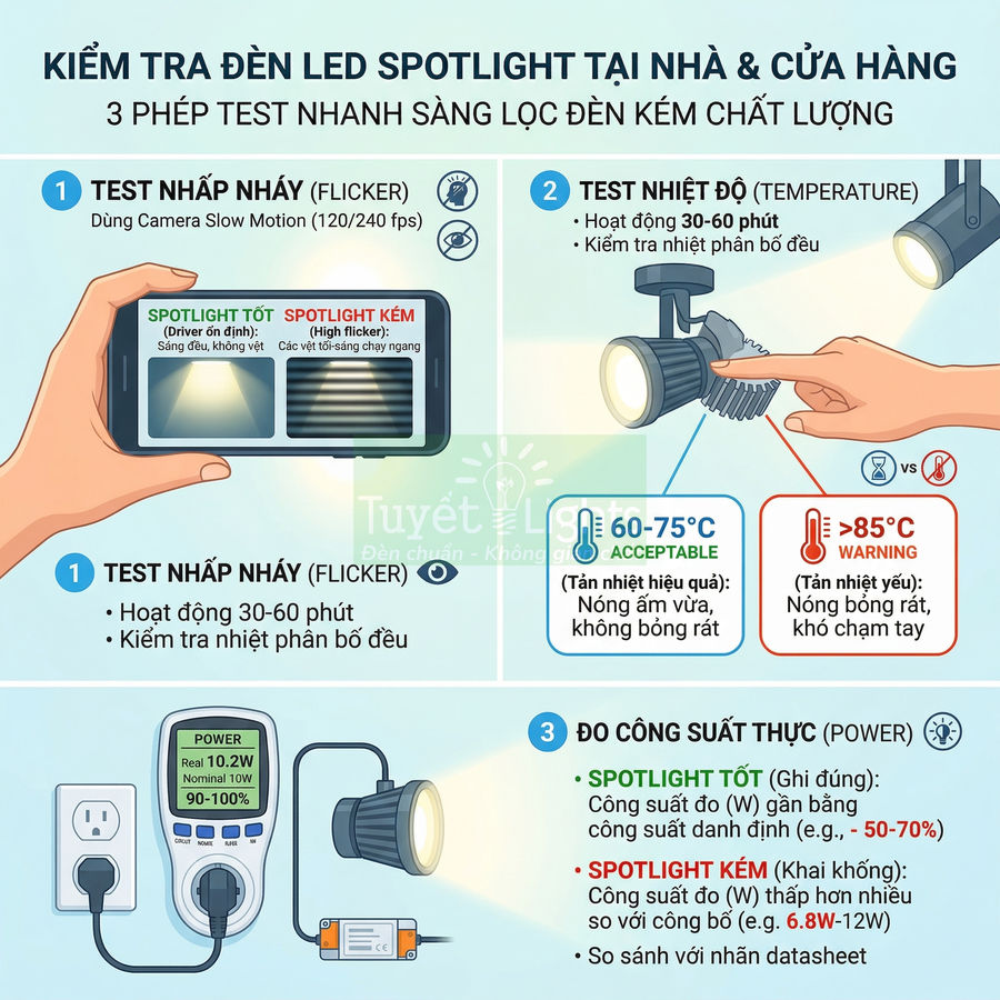 Hướng dẫn kiểm tra chất lượng đèn LED spotlight tại nhà bằng test nhấp nháy, nhiệt độ và công suất