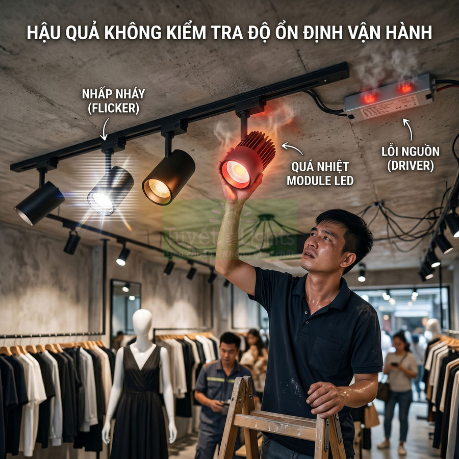 Kỹ thuật viên kiểm tra và sửa đèn rọi ray LED bị nhấp nháy và quá nhiệt trong cửa hàng quần áo