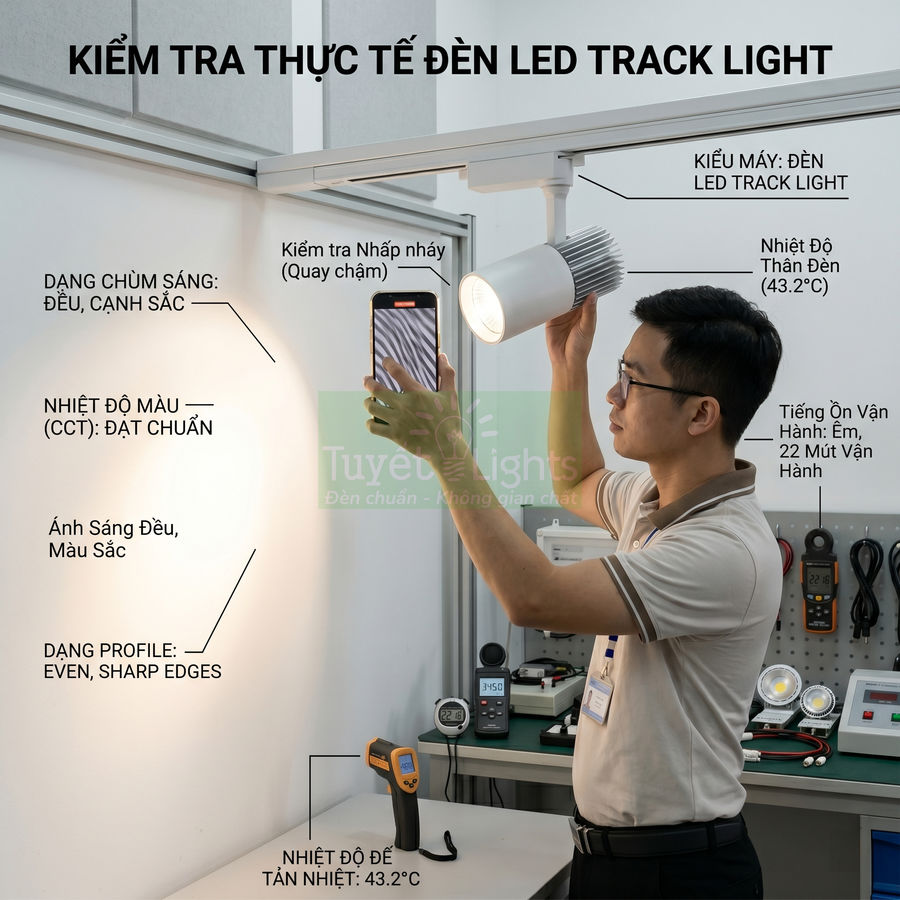 Kỹ thuật viên kiểm tra chất lượng đèn led track light Tuyết Lights trong phòng thí nghiệm chiếu sáng