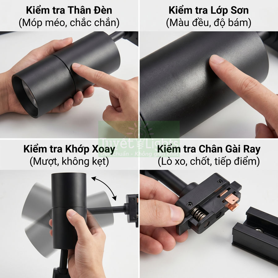 Đèn rọi ray màu đen được kiểm tra thân đèn, lớp sơn, khớp xoay và chân gài ray chi tiết