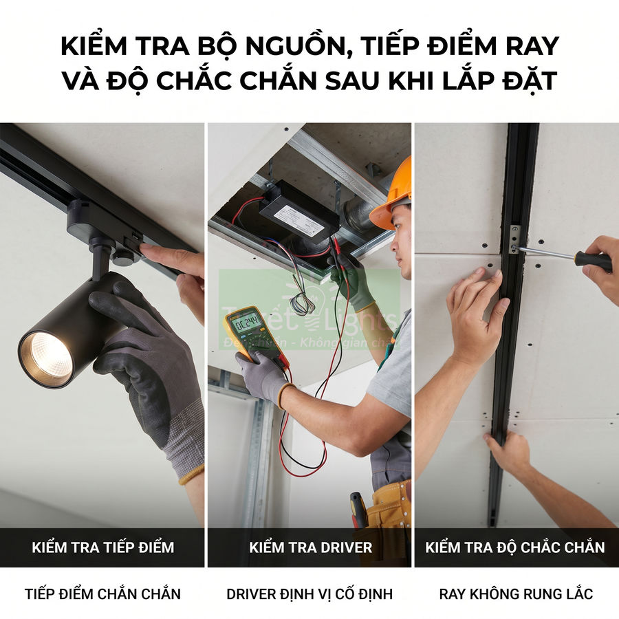 Lắp đặt và kiểm tra đèn rọi ray nổi, đo driver nguồn và siết chặt thanh ray cố định trên trần