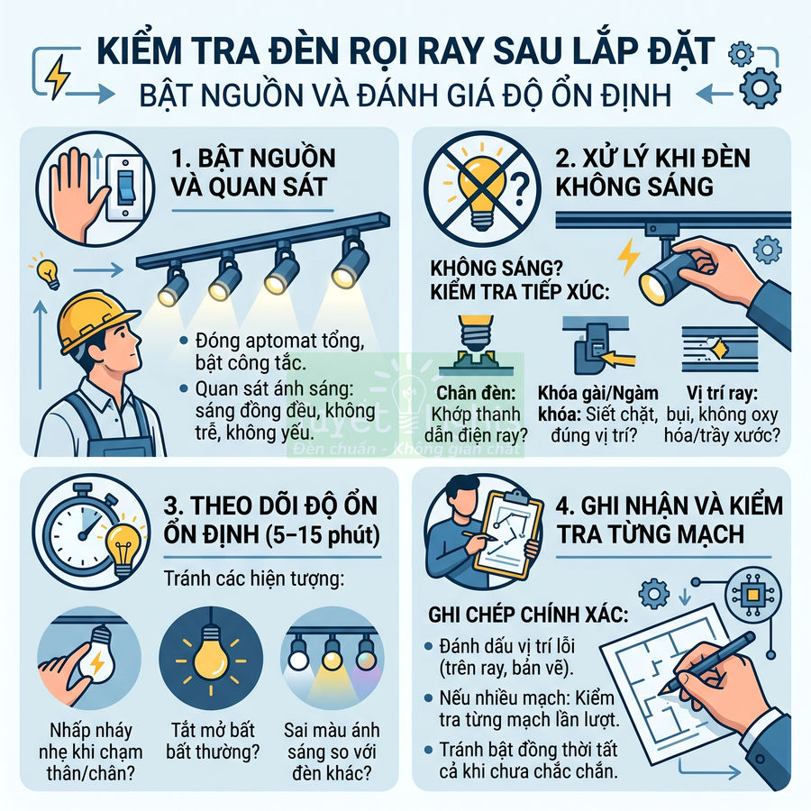 Hướng dẫn kiểm tra và xử lý sự cố đèn rọi ray sau lắp đặt bằng hình minh họa chi tiết