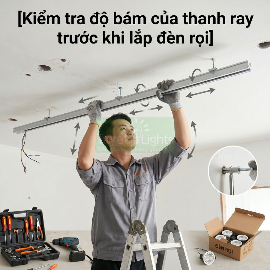 Thợ điện kiểm tra độ chắc chắn của thanh ray đèn rọi trên trần nhà trước khi lắp đặt