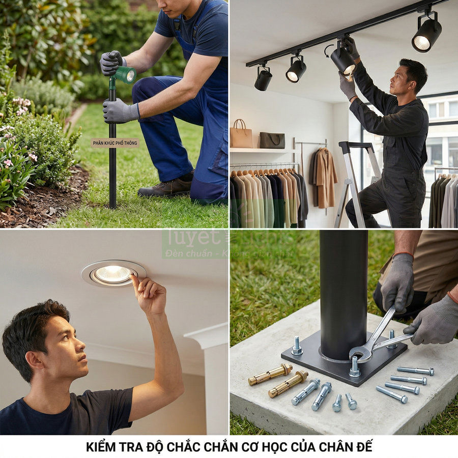 Lắp đặt và kiểm tra độ chắc chắn của đèn chiếu sáng ngoài trời và trong nhà