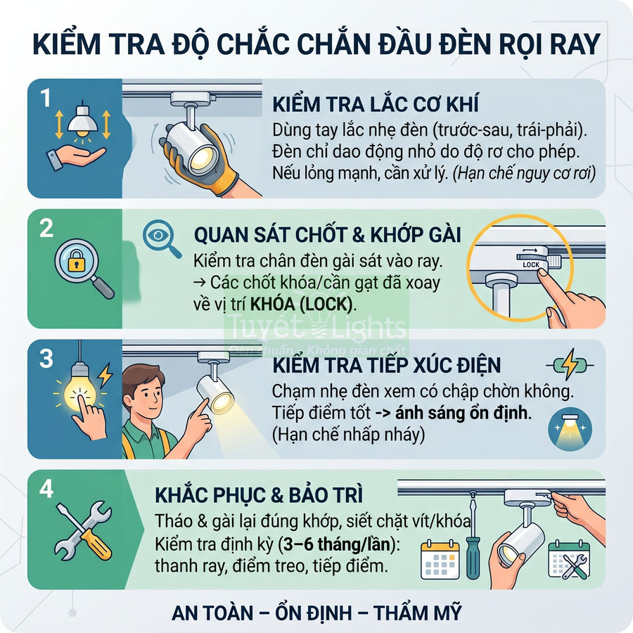 Hướng dẫn kiểm tra và bảo trì đầu đèn rọi ray để đảm bảo chiếu sáng an toàn ổn định