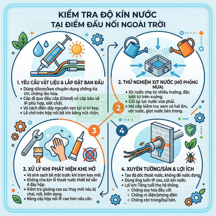 Infographic hướng dẫn kiểm tra độ kín nước cho điểm đấu nối dây điện ngoài trời bằng keo trám và thử nghiệm xịt nước