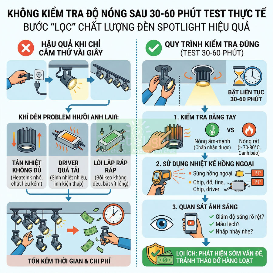 Hướng dẫn kiểm tra độ nóng và chất lượng đèn LED spotlight sau 30 đến 60 phút sử dụng liên tục