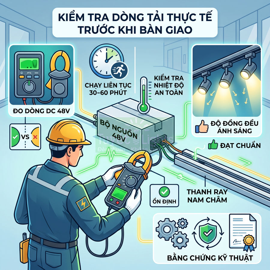 Kỹ sư điện kiểm tra bộ nguồn 48V và thanh ray nam châm đèn LED bằng ampe kìm đảm bảo dòng tải ổn định