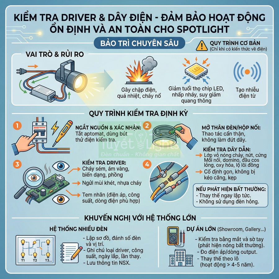 Hướng dẫn kiểm tra driver và dây điện đảm bảo hoạt động an toàn cho đèn spotlight