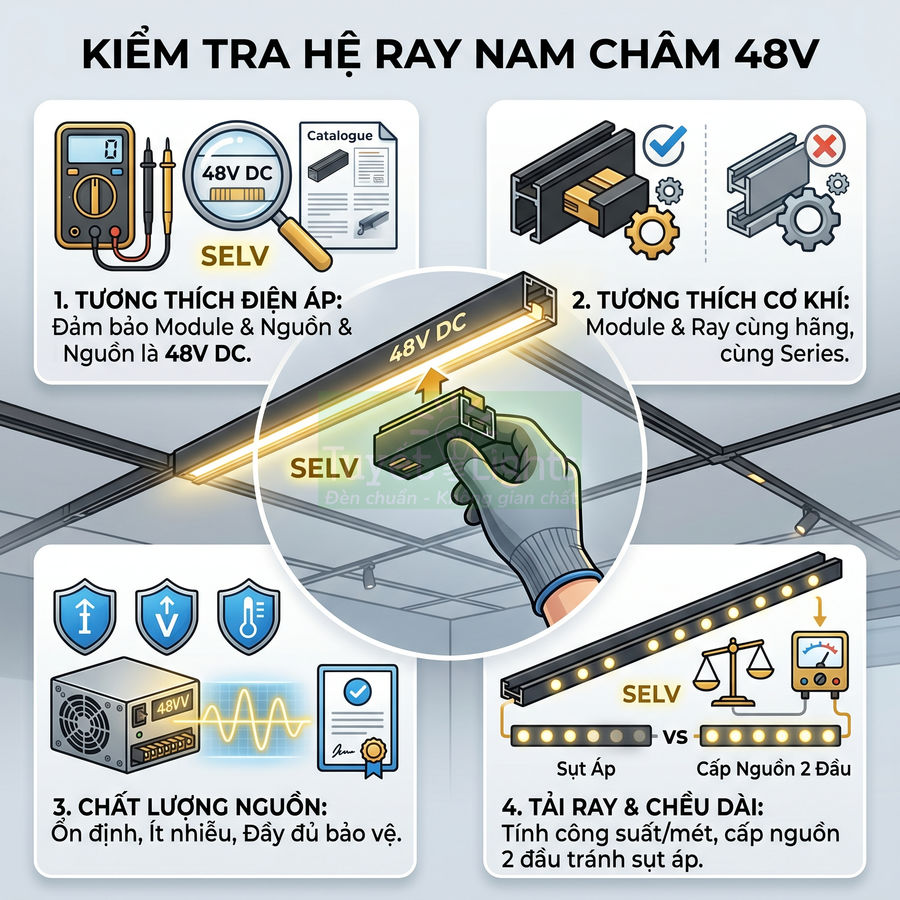Hướng dẫn kiểm tra và lắp đặt hệ ray đèn nam châm 48V DC trên trần nhà