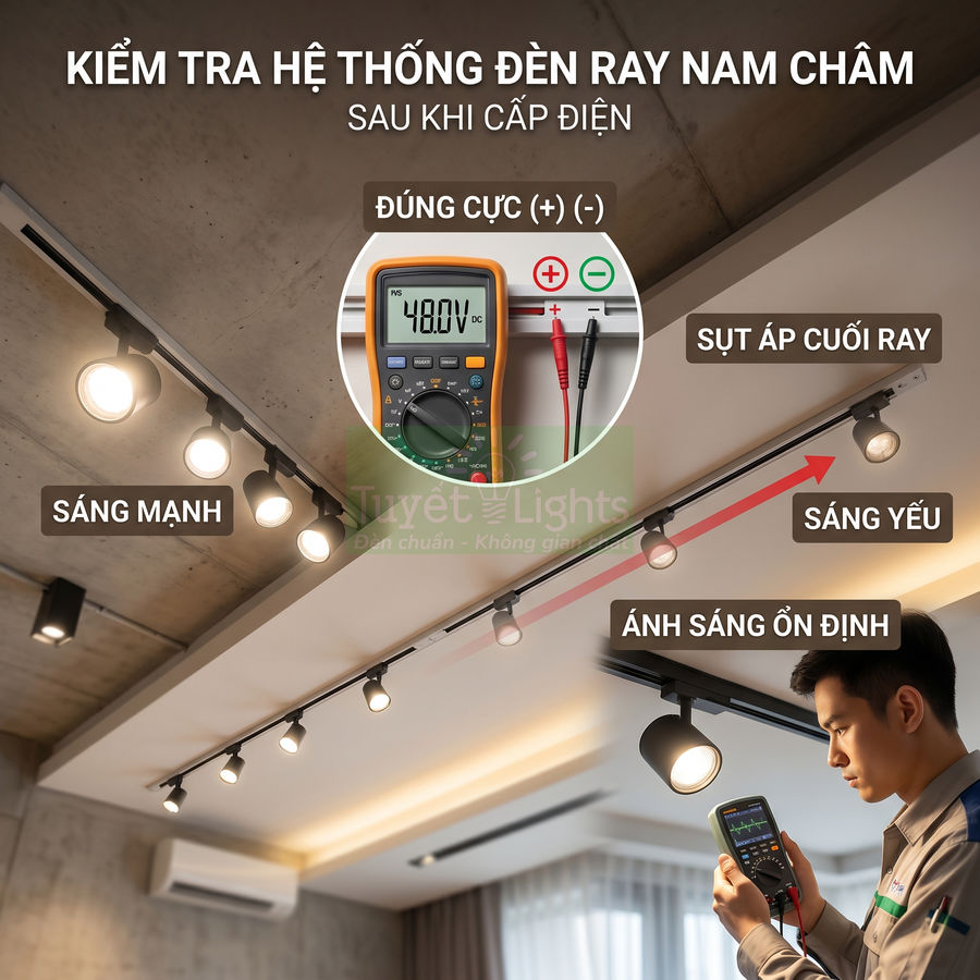 Kỹ thuật viên kiểm tra hệ thống đèn ray nam châm trong phòng khách bằng đồng hồ đo điện tử