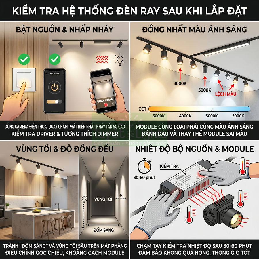 Hướng dẫn kiểm tra hệ thống đèn ray chiếu sáng sau khi lắp đặt, đảm bảo ánh sáng đồng đều và nhiệt độ an toàn