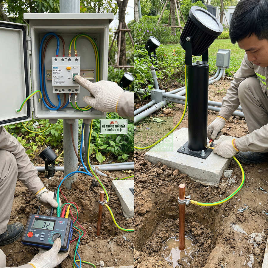 Kỹ thuật viên lắp đặt hệ thống tiếp địa chống giật cho đèn trụ sân vườn ngoài trời