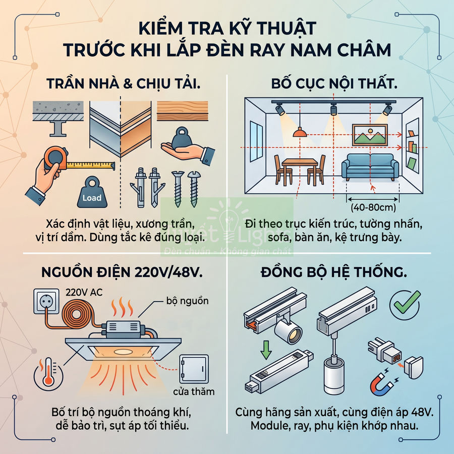 Hướng dẫn kiểm tra kỹ thuật trước khi lắp đặt đèn ray nam châm cho trần nhà và nội thất