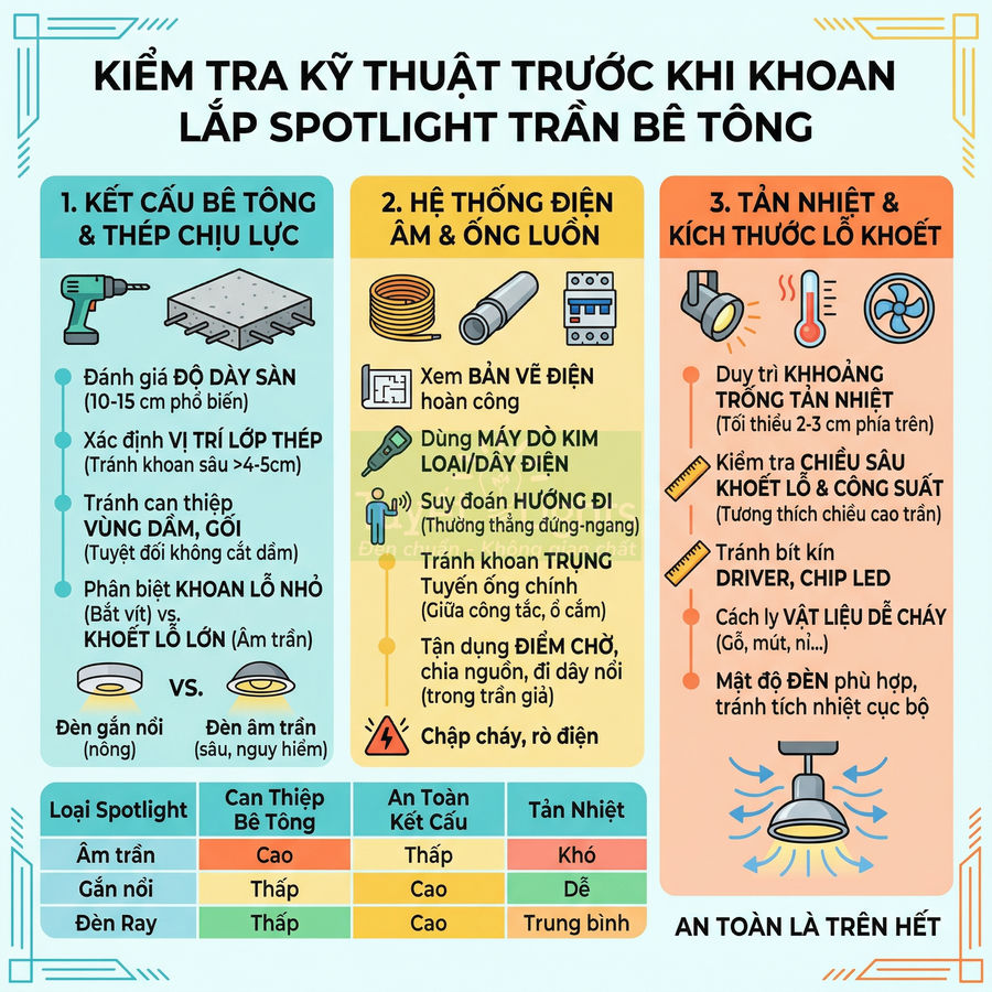 Hướng dẫn kiểm tra kỹ thuật trước khi khoan lắp đèn spotlight âm trần bê tông an toàn