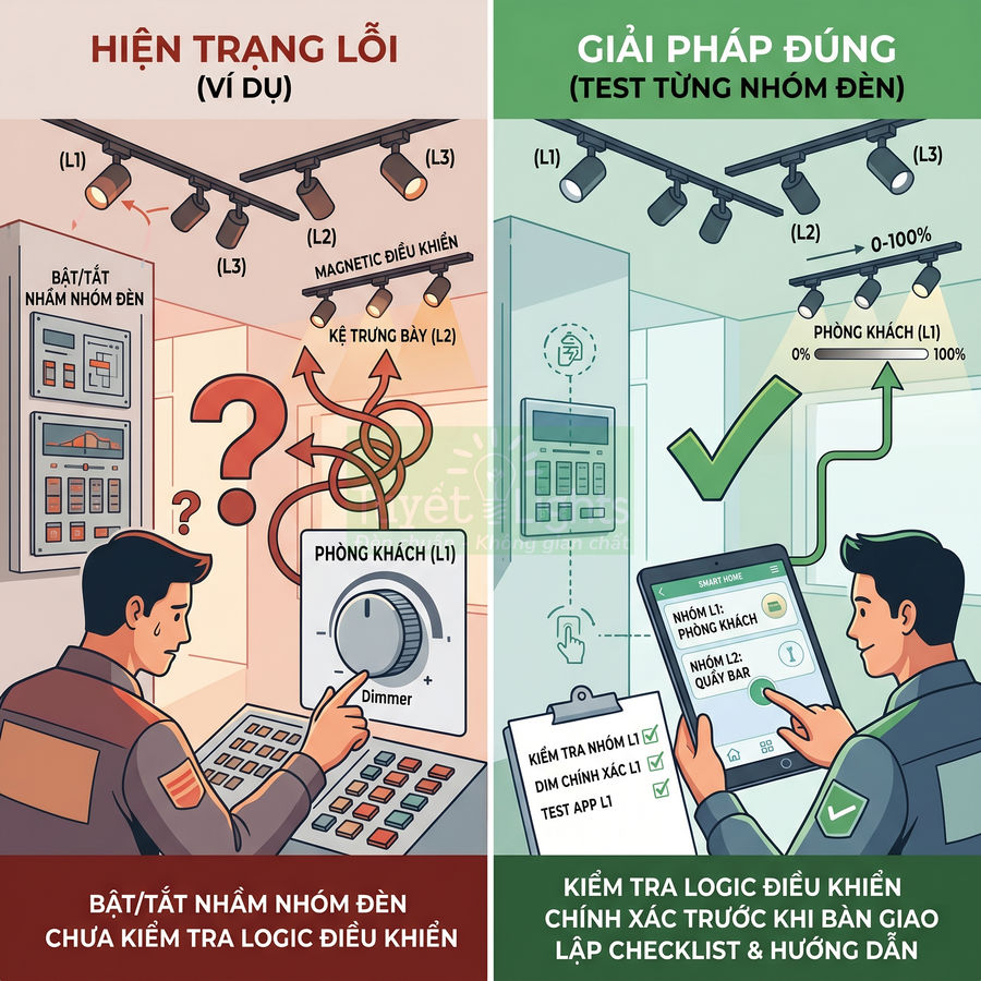 So sánh sai và đúng khi kiểm tra logic điều khiển nhóm đèn chiếu sáng bằng dimmer và ứng dụng smart home
