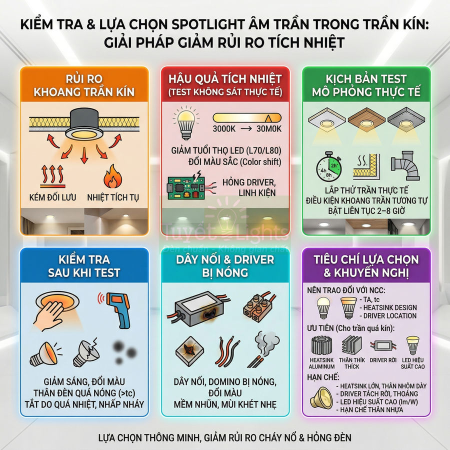 Infographic hướng dẫn kiểm tra và chọn đèn spotlight âm trần kín để giảm rủi ro tích nhiệt và cháy nổ