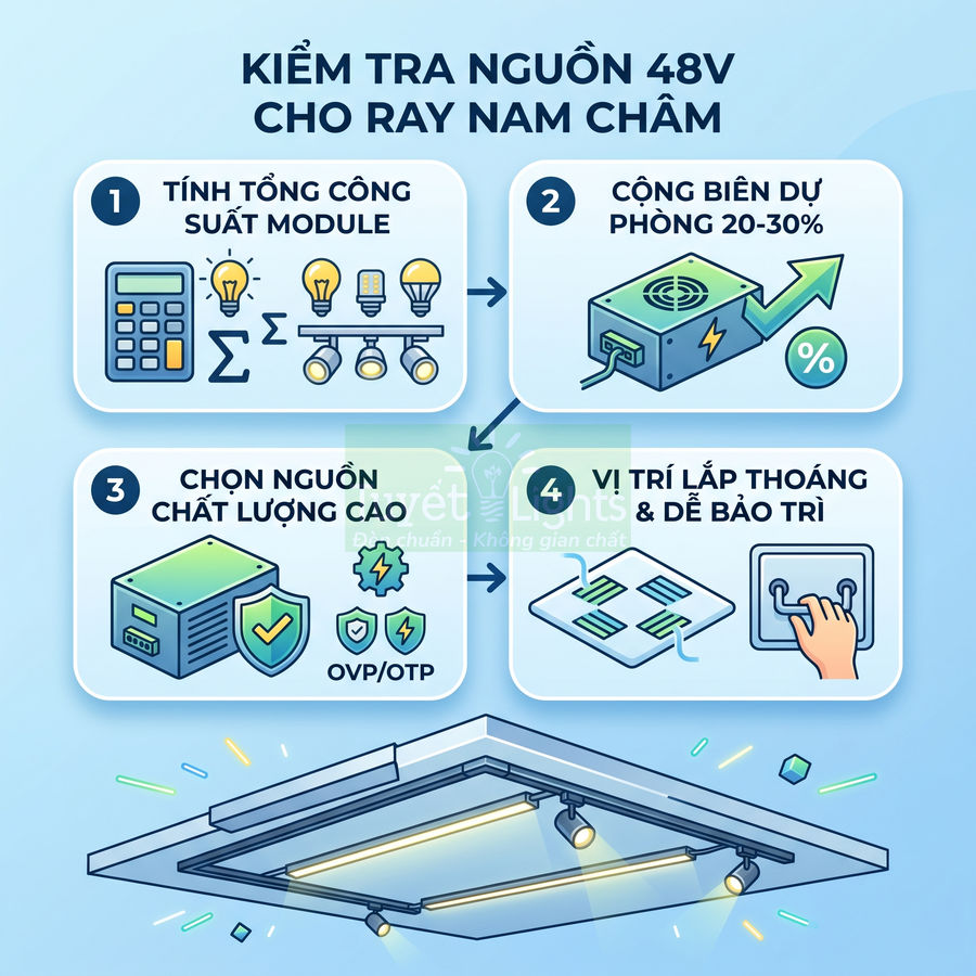 Hướng dẫn kiểm tra và chọn nguồn điện 48V cho hệ thống đèn ray nam châm trần nhà
