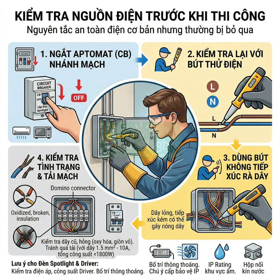 Hướng dẫn an toàn kiểm tra nguồn điện trước khi thi công với bút thử điện và aptomat