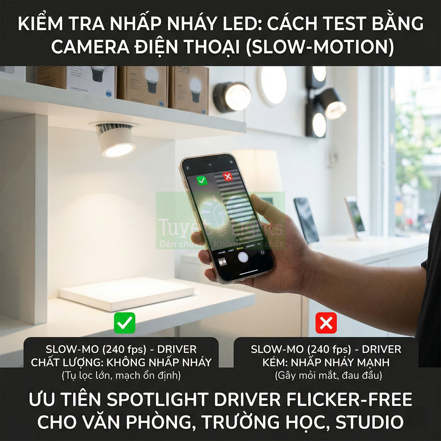 Kiểm tra đèn LED spotlight chống nhấp nháy bằng camera điện thoại trong showroom đèn chiếu sáng