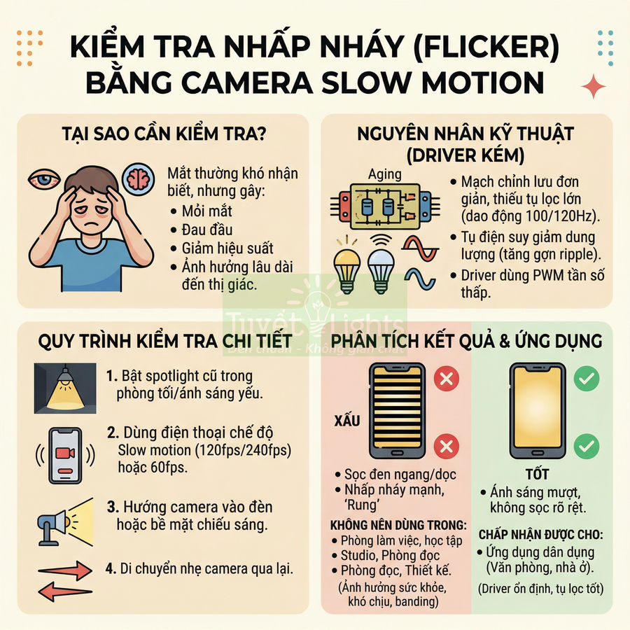 Hướng dẫn kiểm tra nhấp nháy đèn LED bằng camera slow motion trên điện thoại, kèm quy trình và cách phân tích kết quả