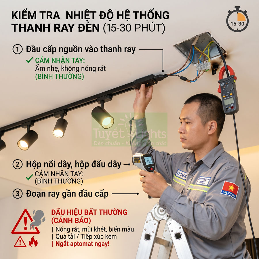Kỹ thuật viên kiểm tra nhiệt độ hệ thống đèn rọi ray Tuyết Lights bằng máy đo cầm tay trên trần nhà