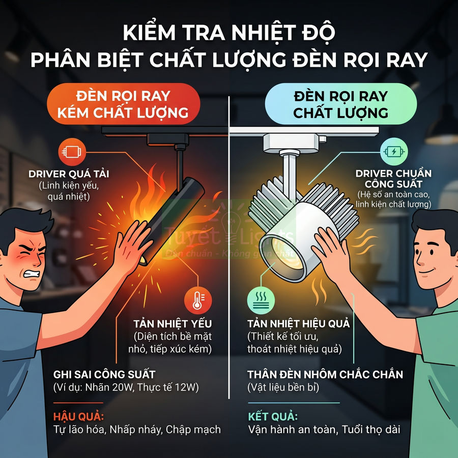 So sánh đèn rọi ray kém chất lượng tỏa nhiệt mạnh với đèn rọi ray chất lượng tản nhiệt tốt, an toàn