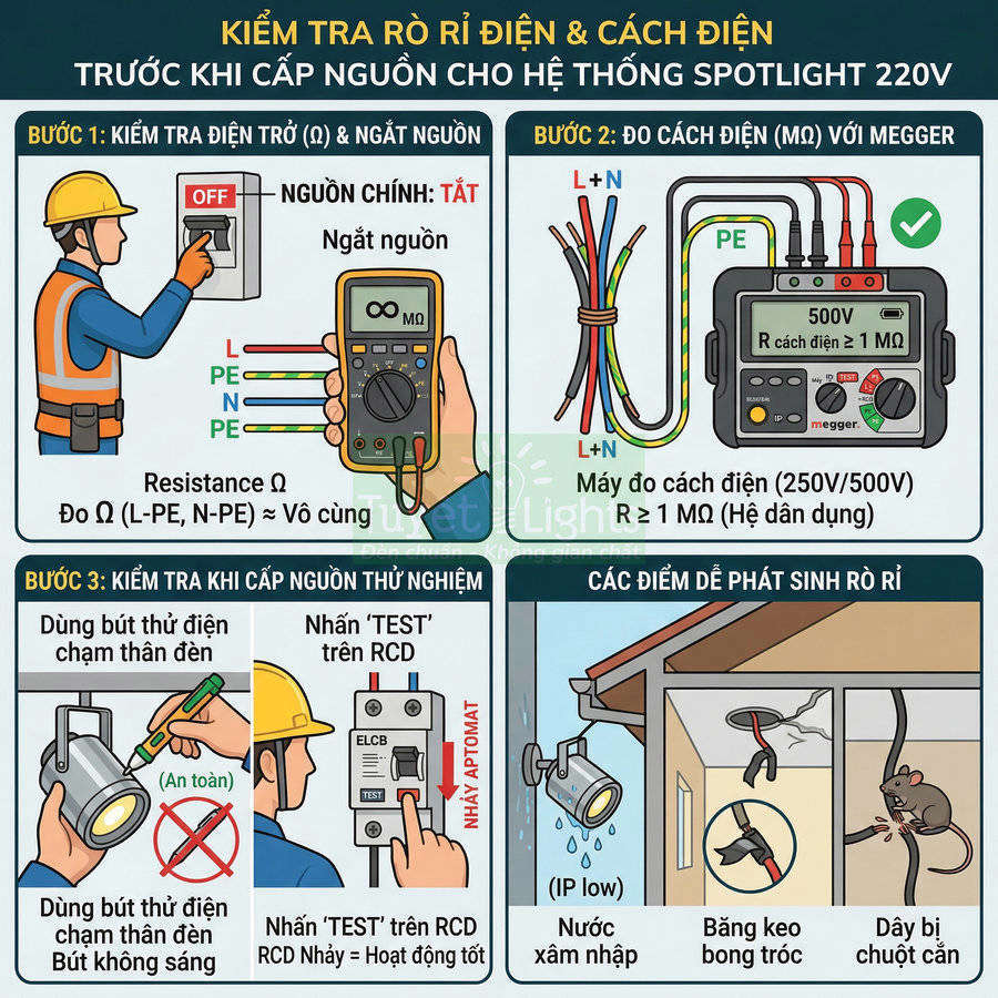 Hướng dẫn kiểm tra rò rỉ điện và cách điện trước khi cấp nguồn cho hệ thống đèn spotlight 220V