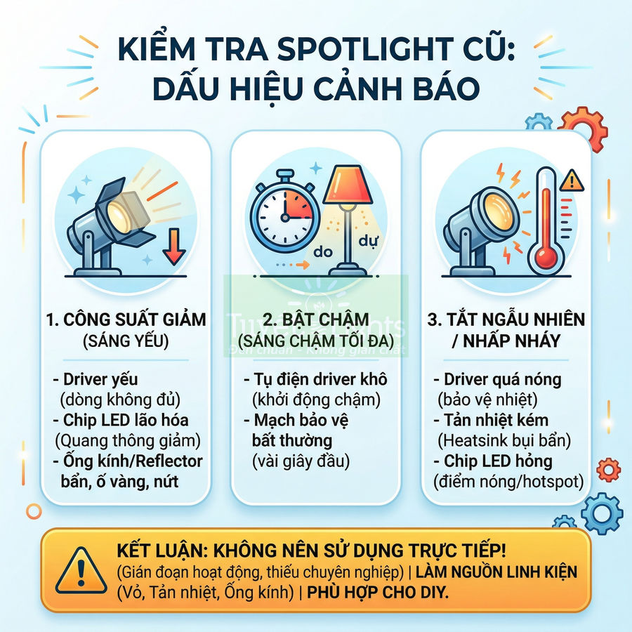 Infographic dấu hiệu cảnh báo spotlight cũ công suất giảm bật chậm tắt ngẫu nhiên và khuyến cáo không nên dùng tiếp
