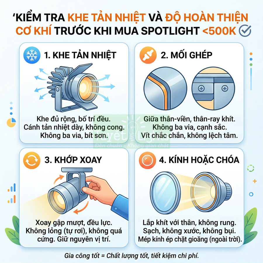 Hướng dẫn kiểm tra khe tản nhiệt, khớp xoay, mối ghép và kính của đèn spotlight giá rẻ trước khi mua