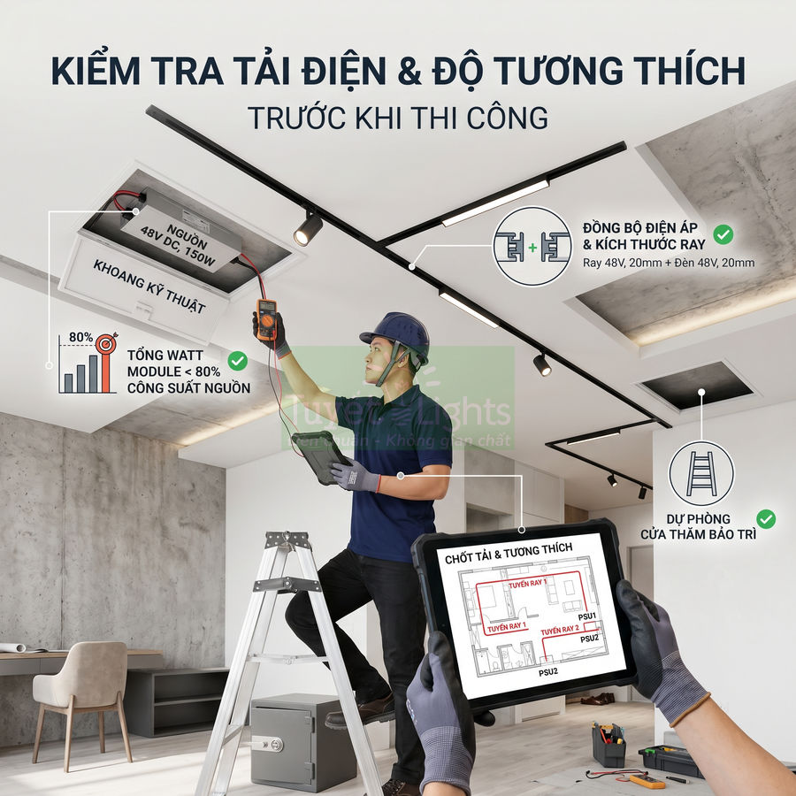 Kỹ thuật viên kiểm tra hệ thống đèn ray chiếu sáng âm trần bằng máy đo điện và máy tính bảng