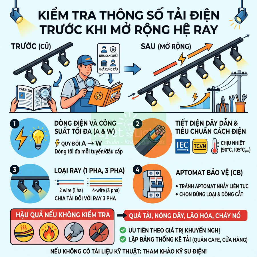 Hướng dẫn kiểm tra thông số tải điện trước khi mở rộng hệ ray đèn chiếu sáng, tránh quá tải và cháy nổ