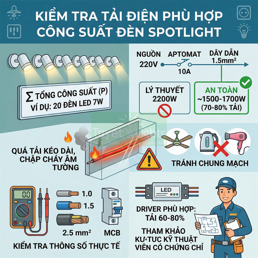 Hướng dẫn kiểm tra tải điện và chọn công suất đèn spotlight LED an toàn, tránh quá tải và chập cháy âm tường