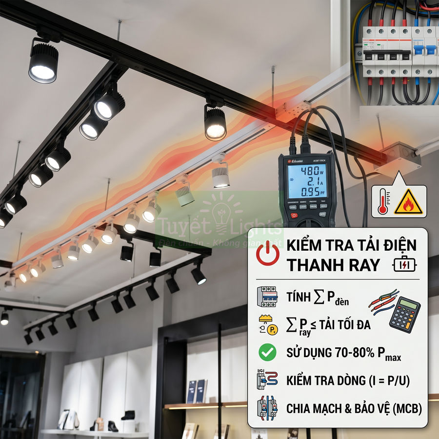 Kiểm tra tải điện thanh ray đèn rọi LED trong cửa hàng bằng đồng hồ đo công suất điện