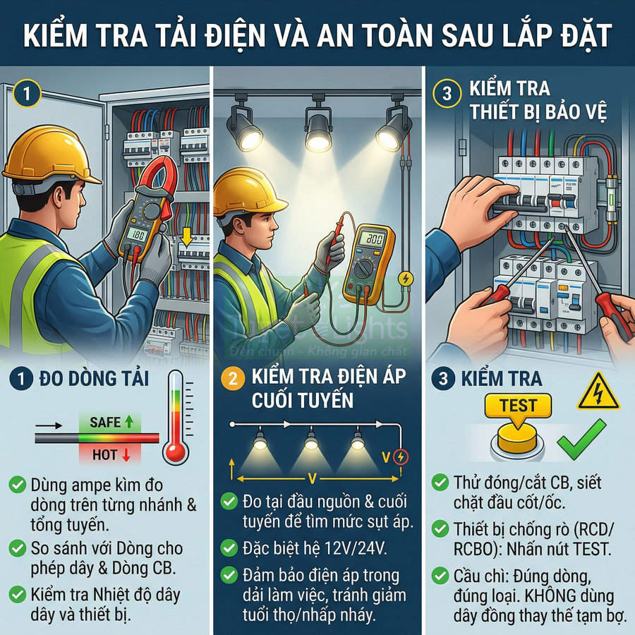 Kỹ sư điện kiểm tra tủ điện bằng ampe kìm và đồng hồ đo điện áp để đảm bảo an toàn hệ thống điện