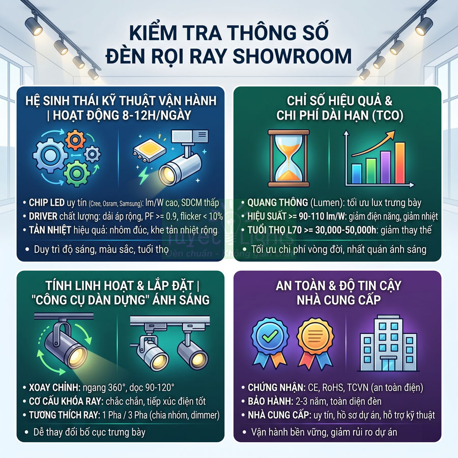 Infographic hướng dẫn kiểm tra thông số và lựa chọn đèn rọi ray LED cho showroom, nhấn mạnh hiệu suất và độ bền