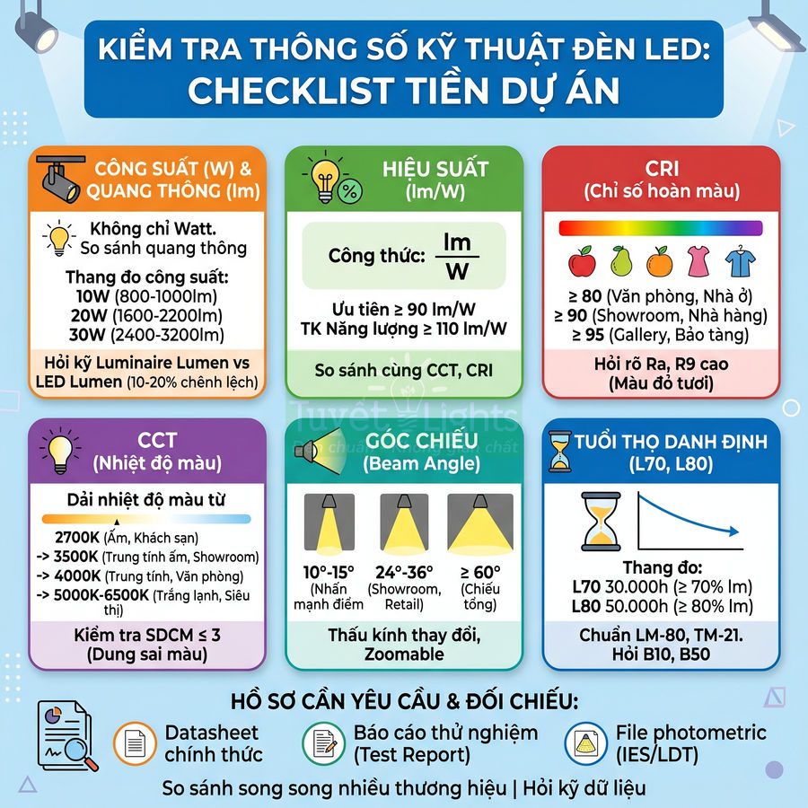 Checklist kiểm tra thông số kỹ thuật đèn LED trước dự án với các tiêu chí công suất, hiệu suất, CRI, CCT, góc chiếu, tuổi thọ