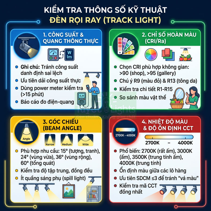 Hướng dẫn kiểm tra thông số kỹ thuật đèn rọi ray track light về công suất, CRI, góc chiếu và nhiệt độ màu
