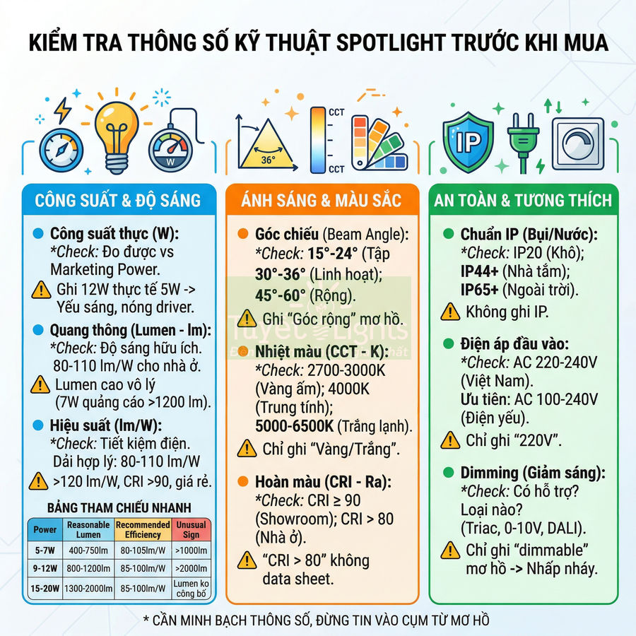 Hướng dẫn kiểm tra thông số kỹ thuật đèn spotlight về công suất, ánh sáng, chuẩn IP và dimming trước khi mua