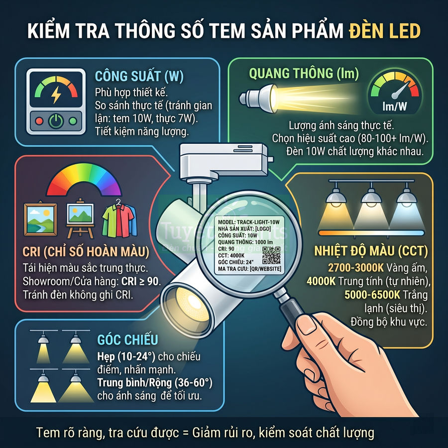Hướng dẫn kiểm tra thông số tem sản phẩm đèn LED: công suất, quang thông, CRI, nhiệt độ màu và góc chiếu