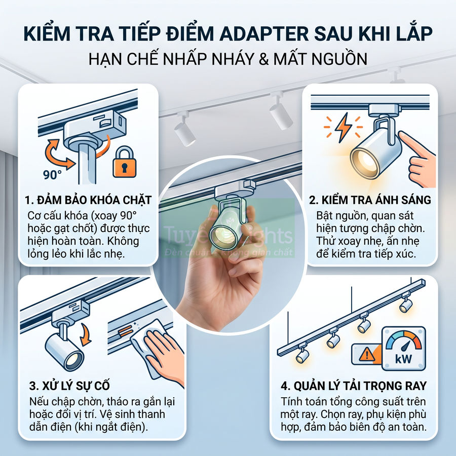 Hướng dẫn kiểm tra tiếp điểm adapter đèn rọi ray sau khi lắp để hạn chế nhấp nháy và mất nguồn