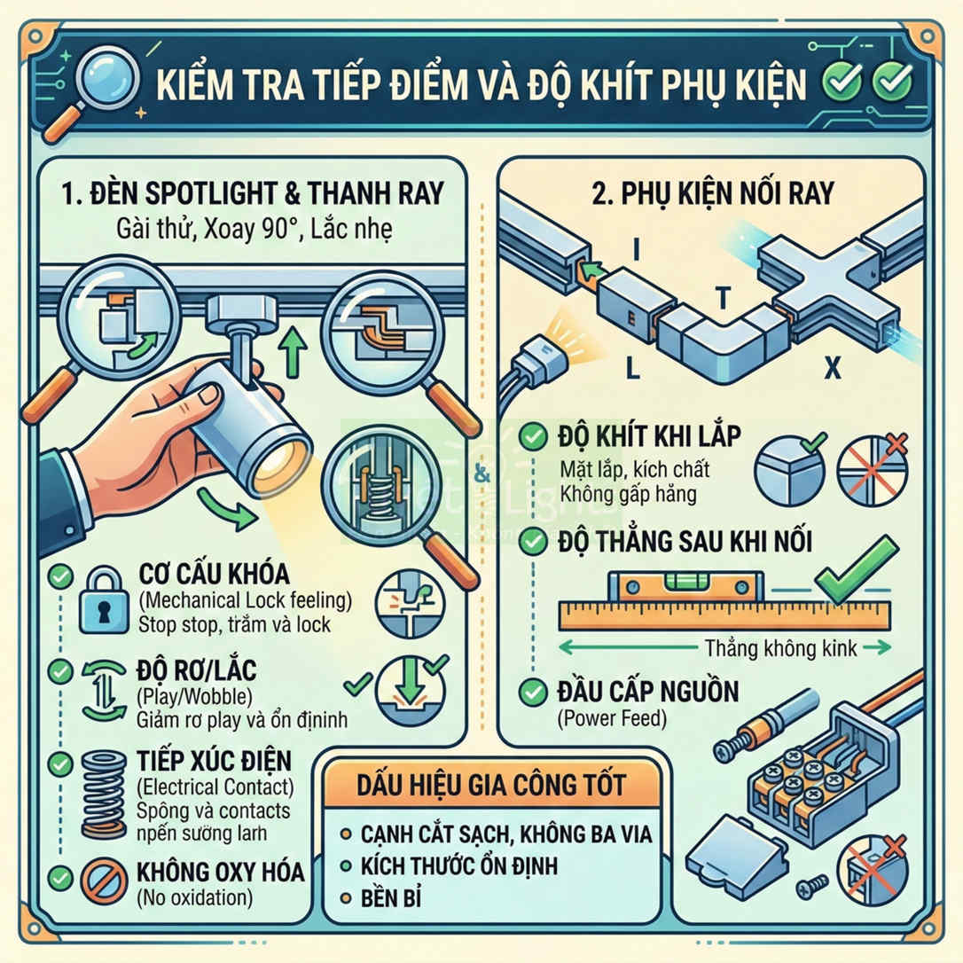 Hướng dẫn kiểm tra tiếp điểm và độ khít cho đèn spotlight, thanh ray và phụ kiện nối ray điện