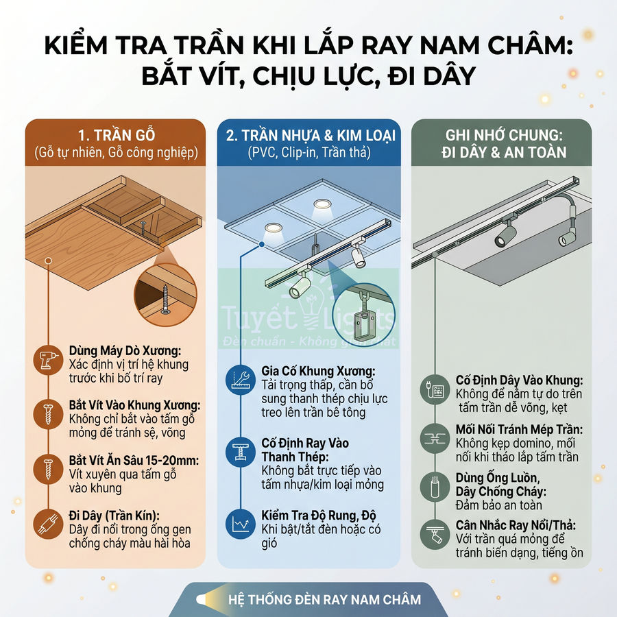 Hướng dẫn kiểm tra trần và lắp đặt hệ thống đèn ray nam châm an toàn, bắt vít, đi dây đúng kỹ thuật