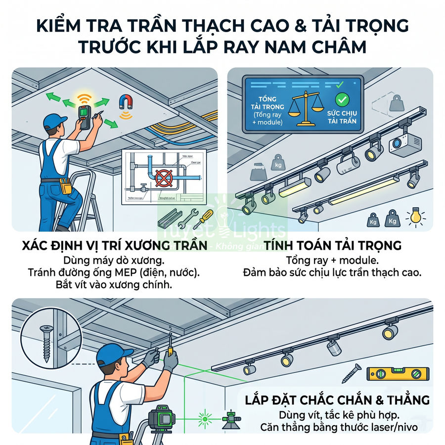 Hướng dẫn kiểm tra trần thạch cao và lắp đặt ray đèn nam châm âm trần bằng máy đo và thước laser