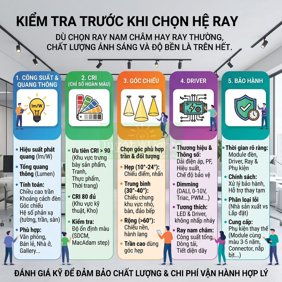 Hướng dẫn kiểm tra trước khi chọn hệ ray đèn LED chiếu sáng trần nhà, nhấn mạnh các tiêu chí kỹ thuật