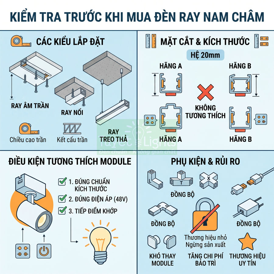 Hướng dẫn kiểm tra trước khi mua đèn ray nam châm, các kiểu lắp đặt, kích thước ray và phụ kiện đi kèm