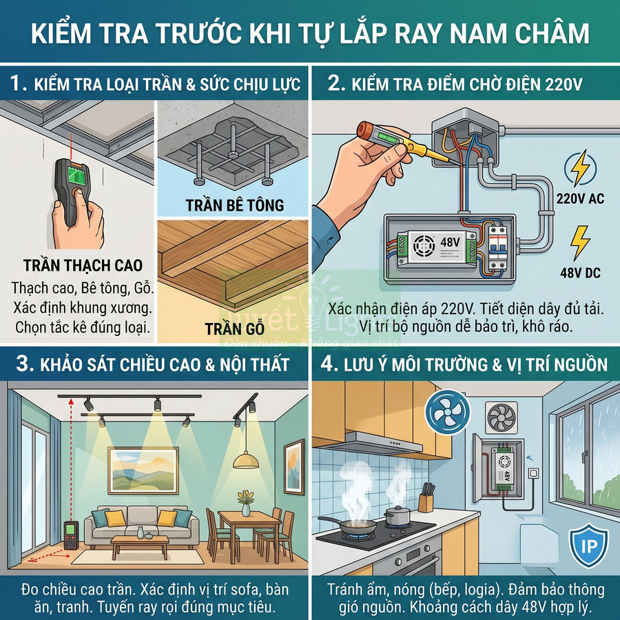 Hướng dẫn kiểm tra trần, nguồn điện và vị trí lắp trước khi tự lắp đặt ray đèn nam châm trong nhà
